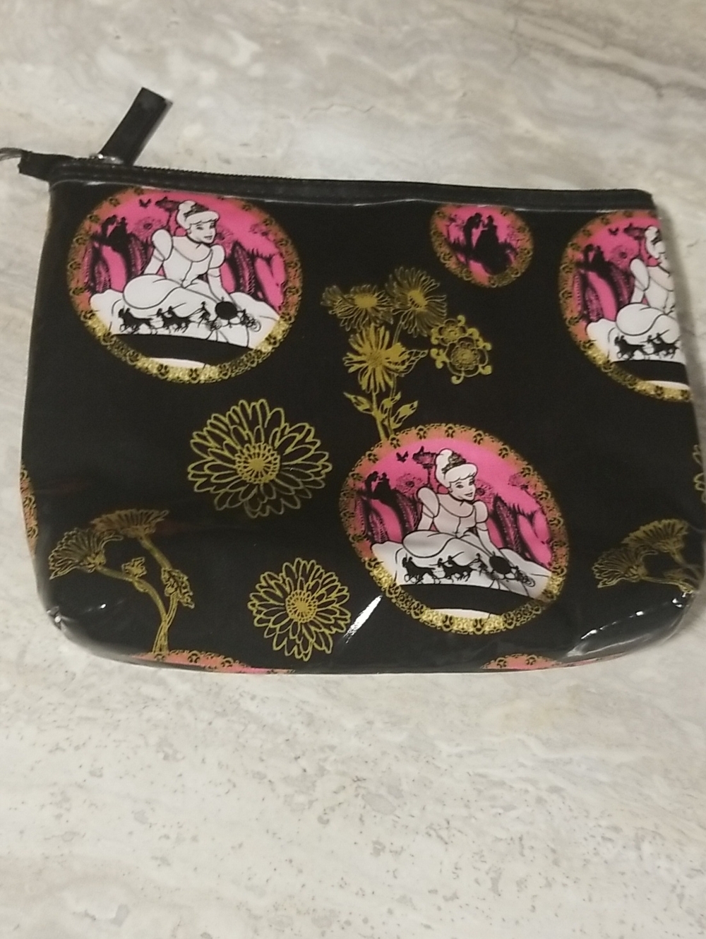 Disney Black Cosmetic Pouch with Pink Cinderella Cameos and Gold Floral Accents